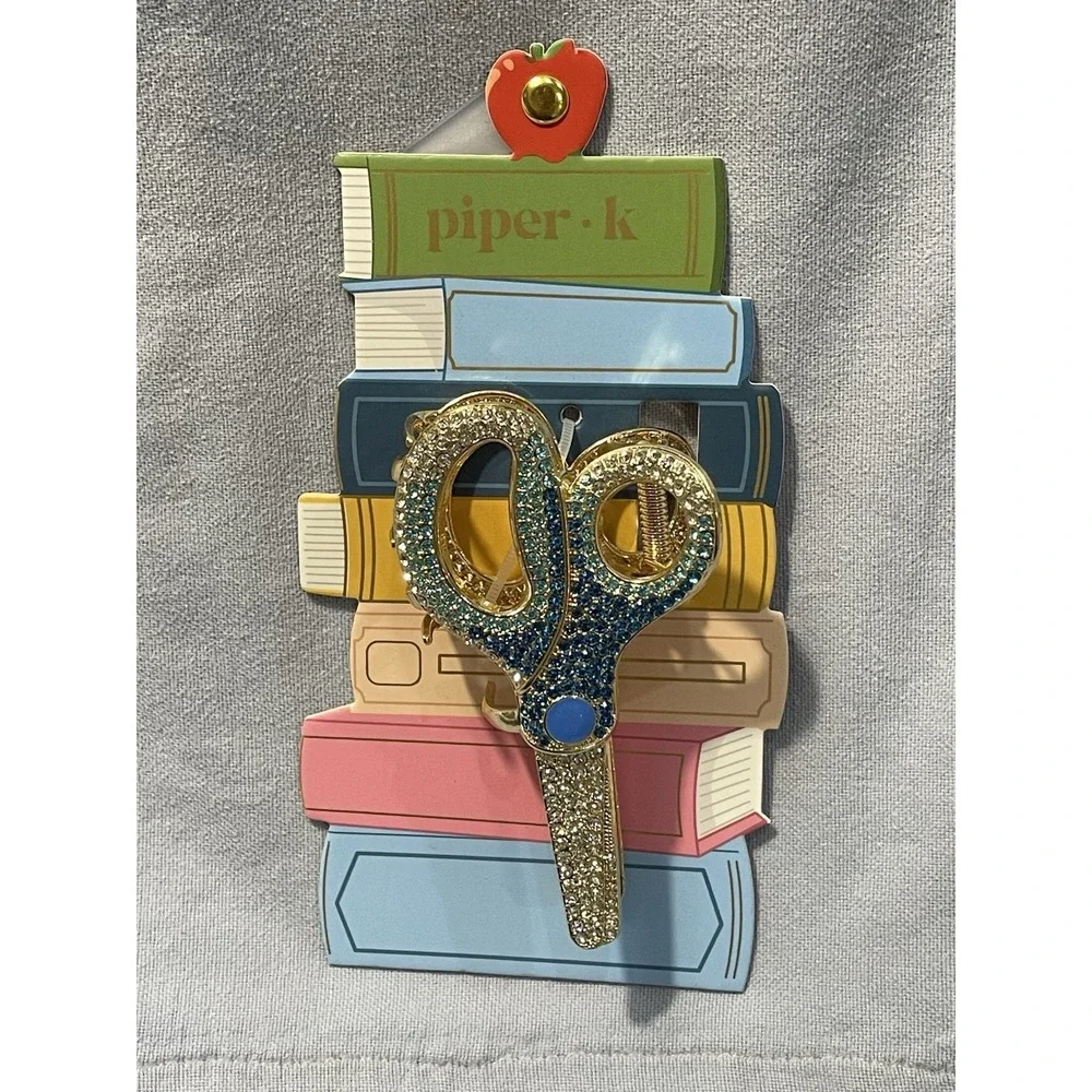 NEW Piper K - Teacher Themed Claw Gold & Blue Hair Clip - Rhinestone Scissors